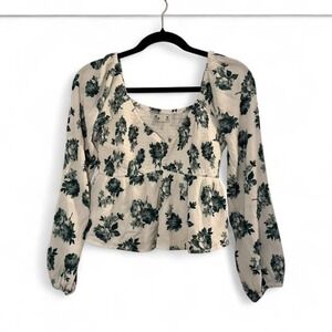Hollister white floral smocked long sleeve crop top size M